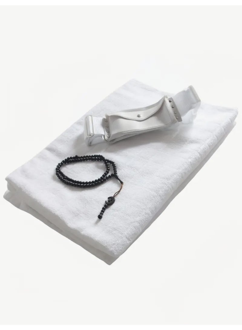 مجموعة قبلة للرجال المسلمين 4 قطع - منشفة الحج 2 قطع مع مسبحة وحقيبة خصر (400 جرام/قطعة) - Image 4